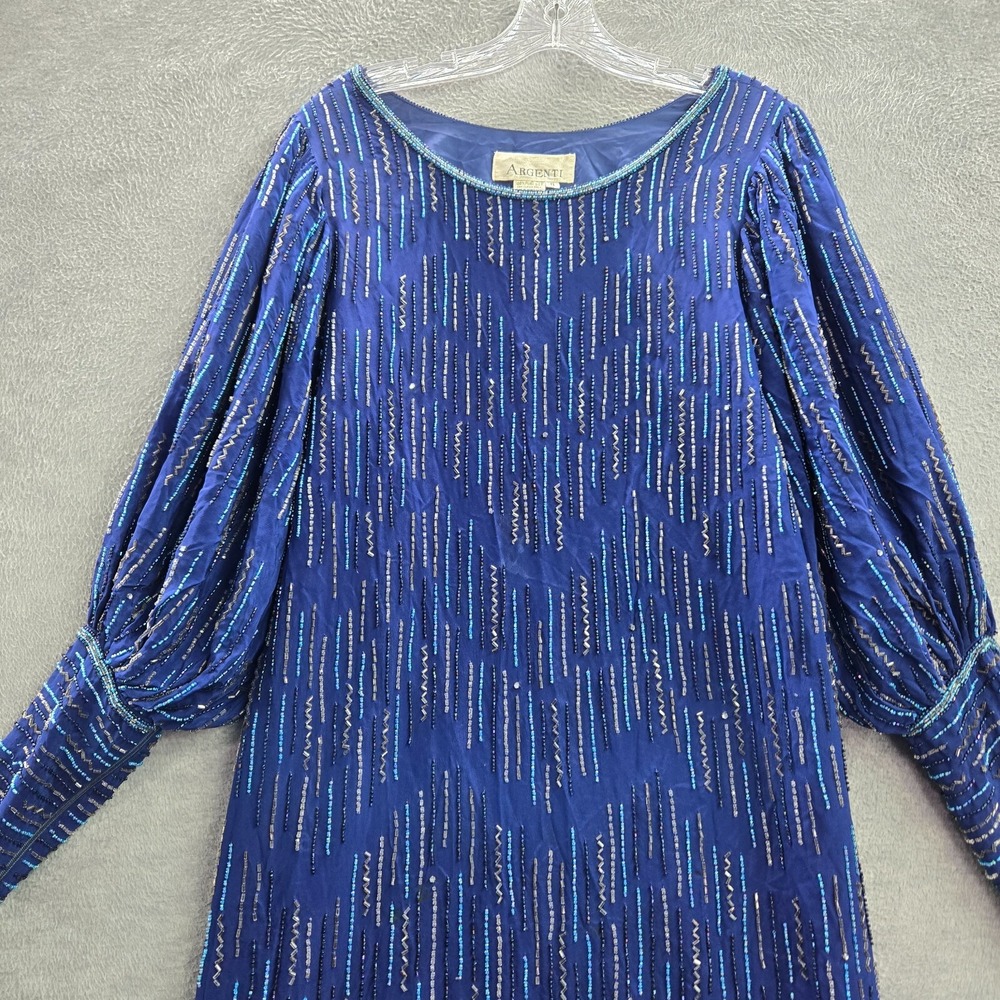 VINTAGE Argenti Women Dress 8 Blue Beaded Shift‎ Silk Party Cocktail 80s